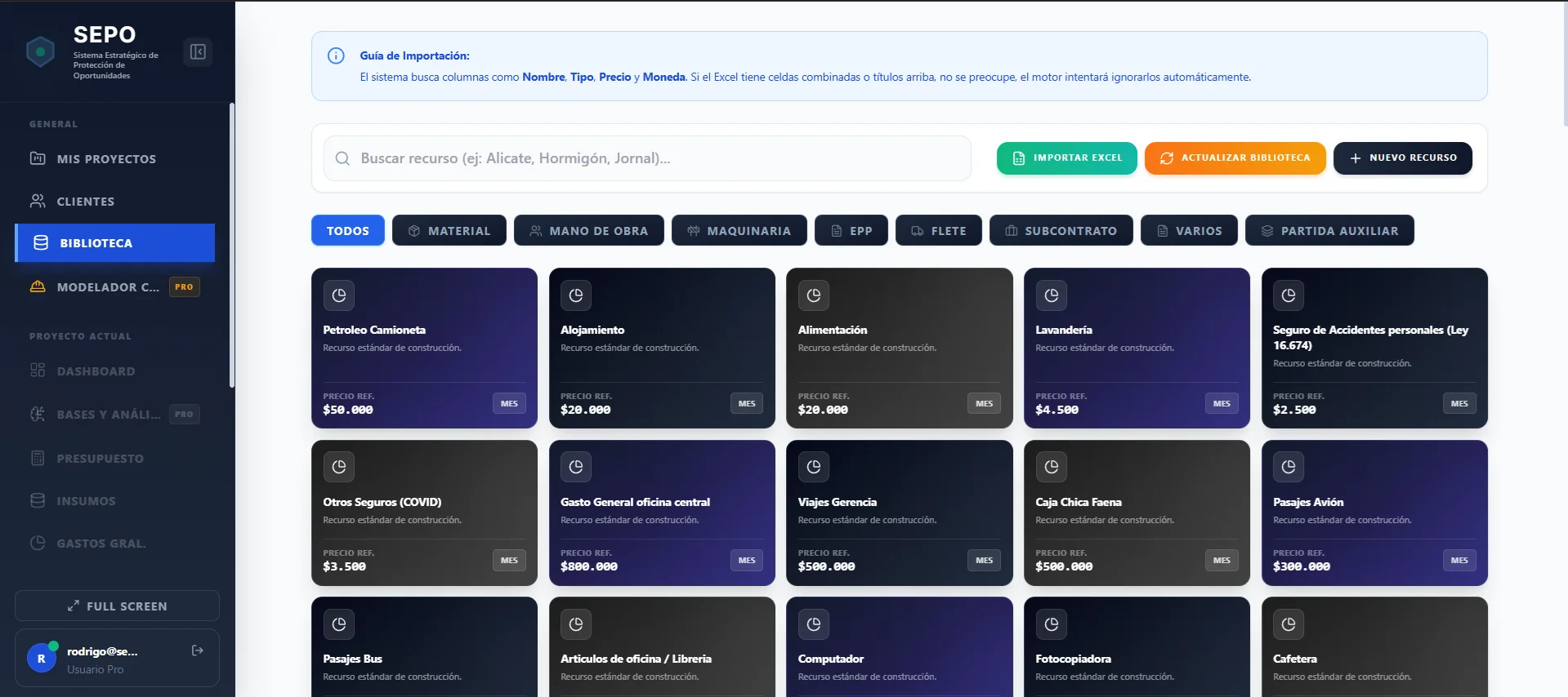 Repositorio central de APU, rendimientos y maestros de insumos