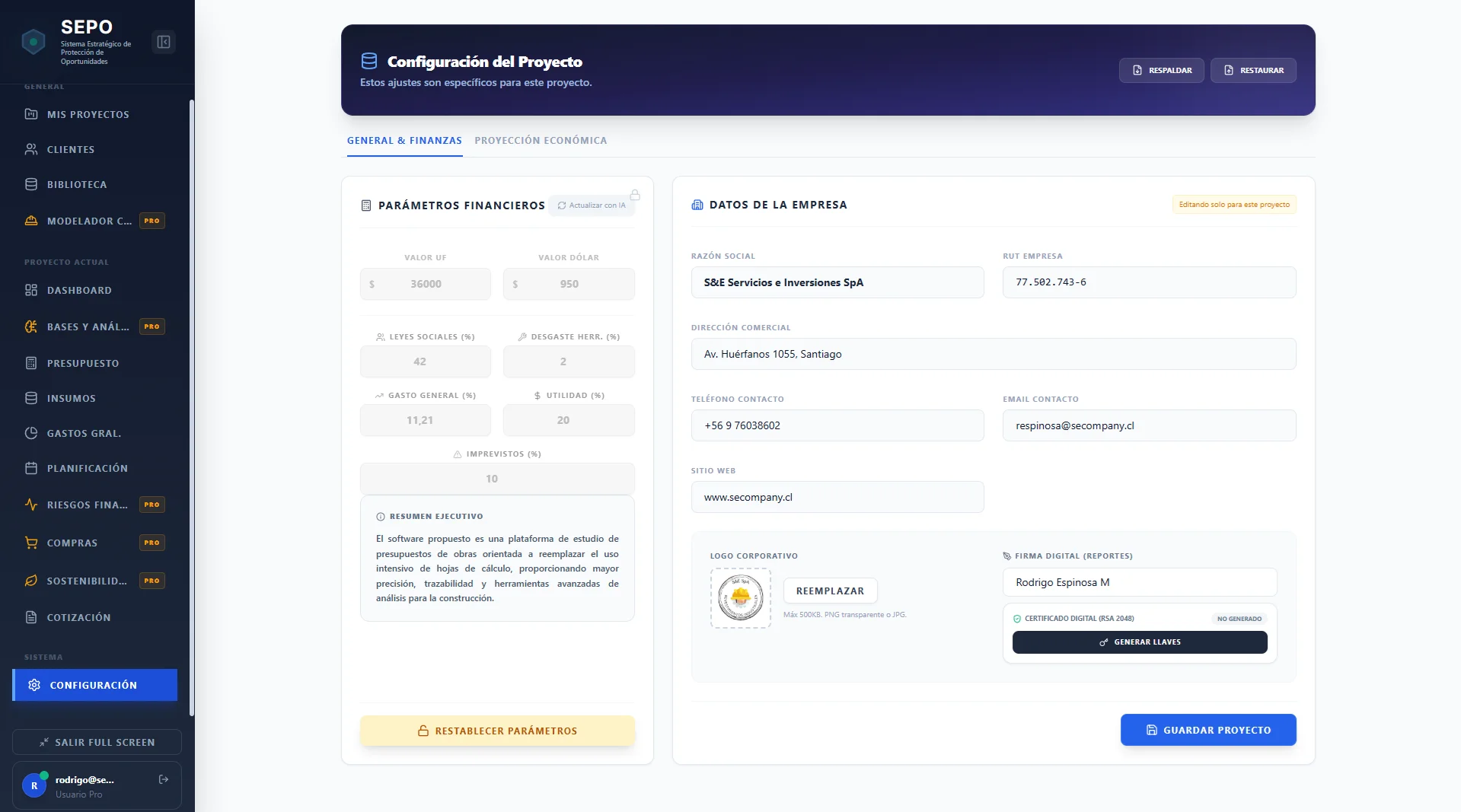 Configuración de parámetros globales de seguridad y márgenes de riesgo