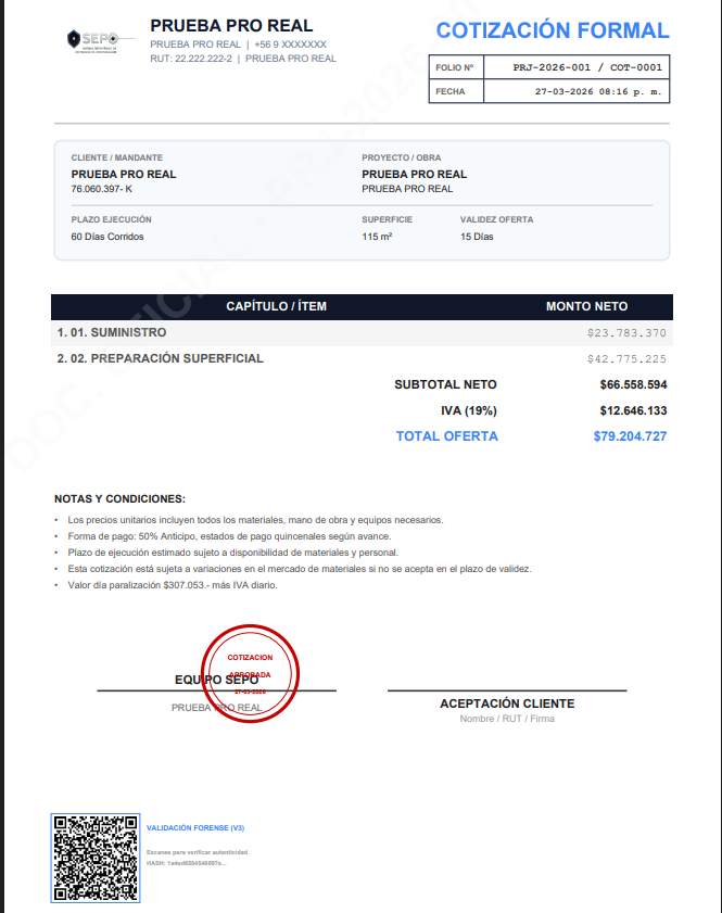 Ejemplo de Cotización Formal Certificada por SEPO con validación QR y Hash de seguridad